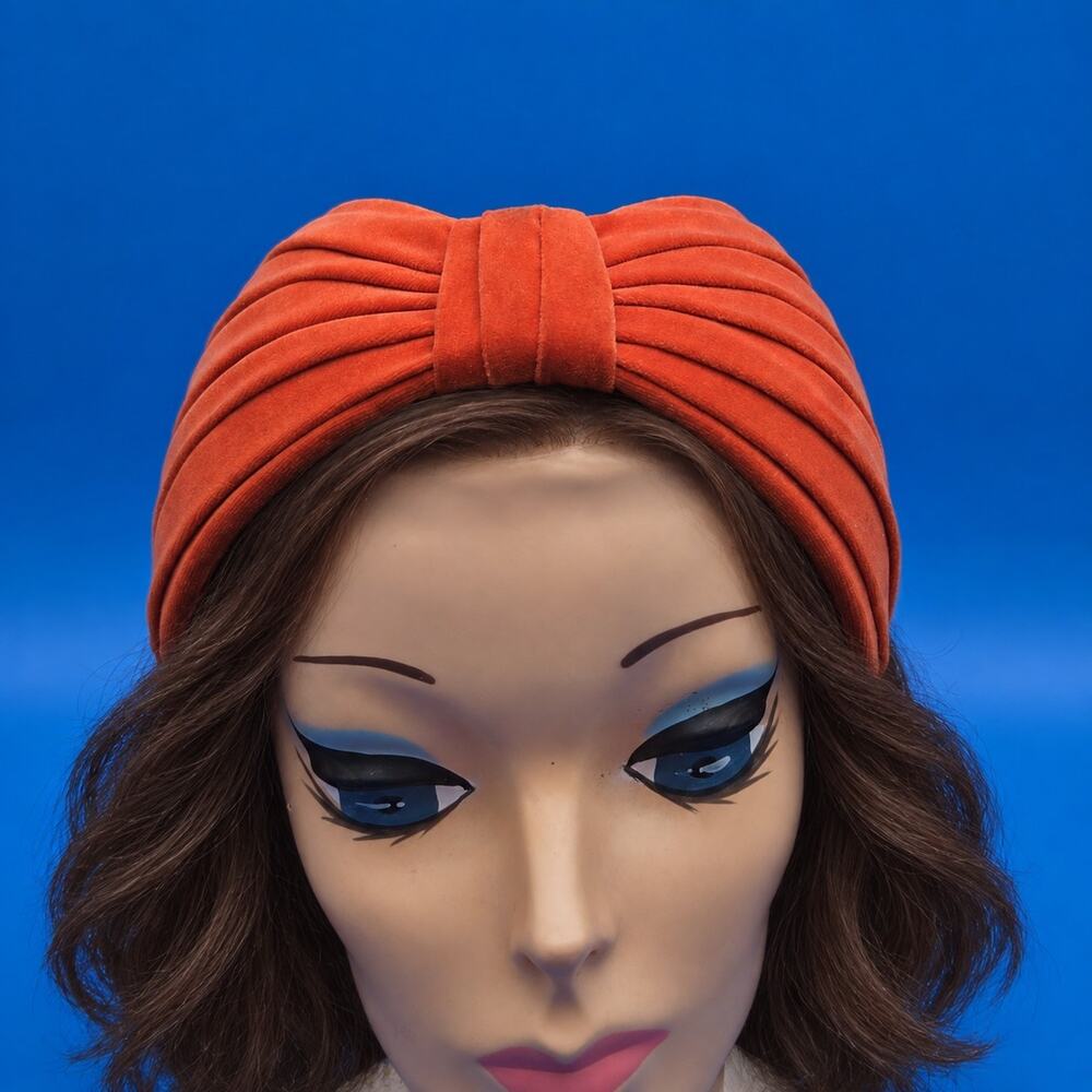 Orange Velvet Pleated Turban Headband Hat Fascinator Bow Hair Comb Womens